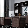 Dark Wooden Executive Office Desk With iMac Globe Bookshelf Potted Plant And Chinese Landscape Painting