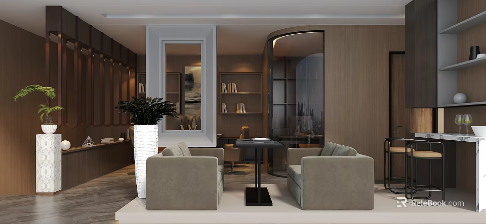 Modern Public Office Lounge With Gray Sofas Coffee Table Bookshelves And Potted Plant 3d model 