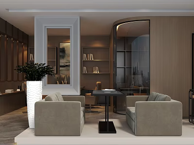 Modern Public Office Lounge With Gray Sofas Coffee Table Bookshelves And Potted Plant 3d model
