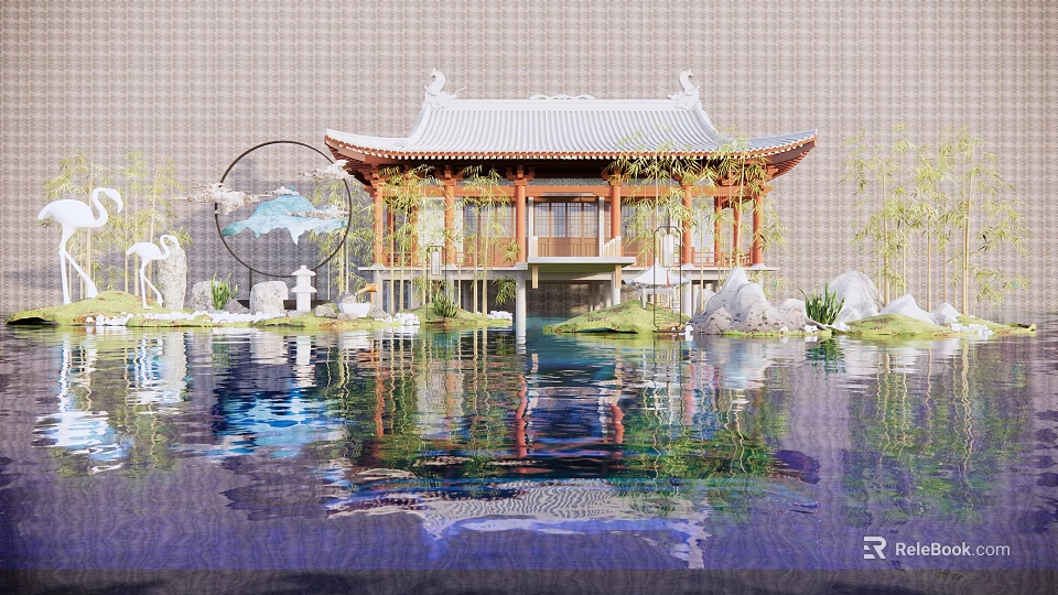 Traditional Chinese Courtyard Garden with Pavilion Overhanging Roof Pond Reflection Stones and Plants 3d model 