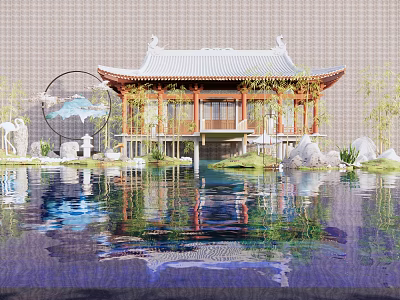 Traditional Chinese Courtyard Garden with Pavilion Overhanging Roof Pond Reflection Stones and Plants 3d model