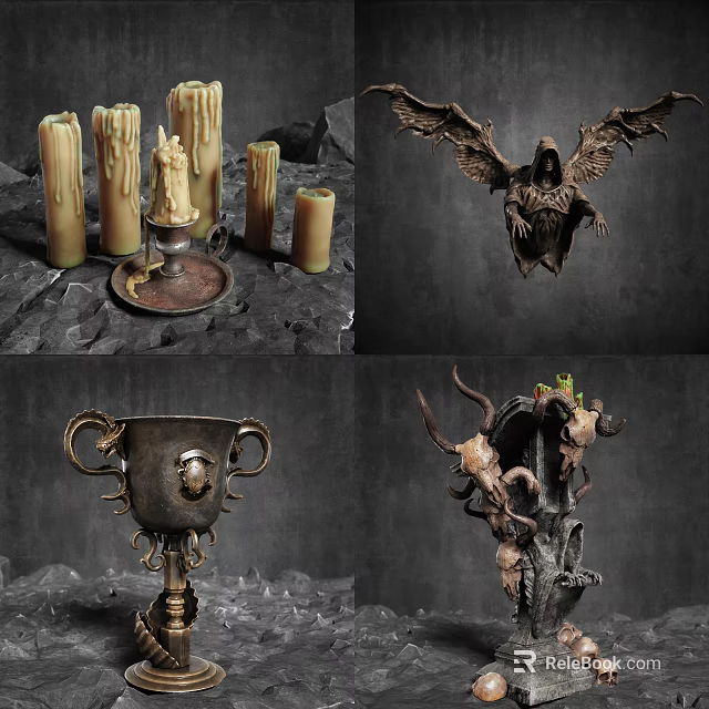Gothic Dark Decorative Ornament Set With Bat Skull Candle And Tentacle Designs 3d model