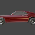 Red Classic Two Door Muscle Car With Black Hood Gold Stripes And Vintage Style
