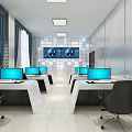 Modern Public Office Space With Bright Open Layout White Desks Computer Monitors And Blue Accents