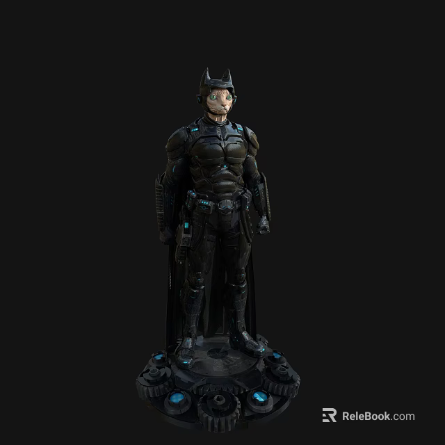 Detailed Game and Movie Character With Black Armored Suit Helmet Cape and Blue Tech Accents 3d model 