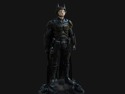 Detailed Game and Movie Character With Black Armored Suit Helmet Cape and Blue Tech Accents 3d model