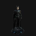 Detailed Game and Movie Character With Black Armored Suit Helmet Cape and Blue Tech Accents