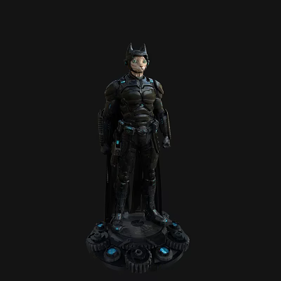 Detailed Game and Movie Character With Black Armored Suit Helmet Cape and Blue Tech Accents 3d model