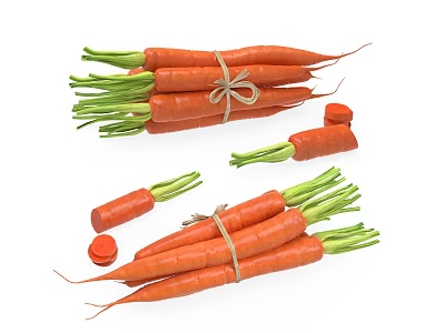 Fresh Carrots With Green Tops Bundled And Sliced Pieces On White Surface 3d model