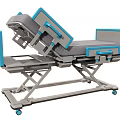 Medical Bed with Adjustable Backrest Leg Sections Gray Mattress Blue Rails Metal Frame and Wheels