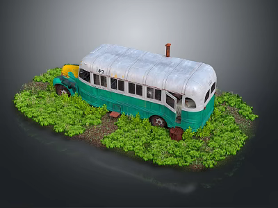 Vintage Green and White Bus with Silver Roof and Red Chimney in Green Grass 3d model