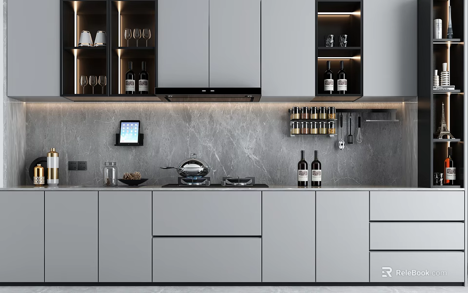Modern Kitchen Interior With Gray Cabinets Marble Backsplash Smart Display And Wine Storage 3d model 