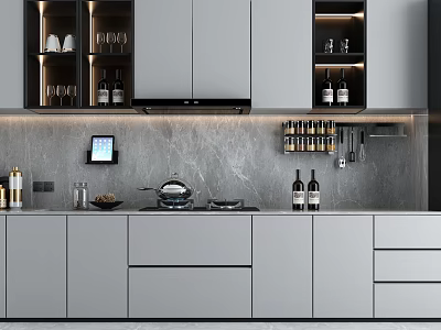 Modern Kitchen Interior With Gray Cabinets Marble Backsplash Smart Display And Wine Storage 3d model