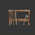 Rustic Outdoor Wooden Workbench With Chair Axe Grass And Gravel Ground