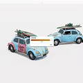 Two Classic Volkswagen Beetle Cars With Surfboards On Roof In Blue And Pink Colors