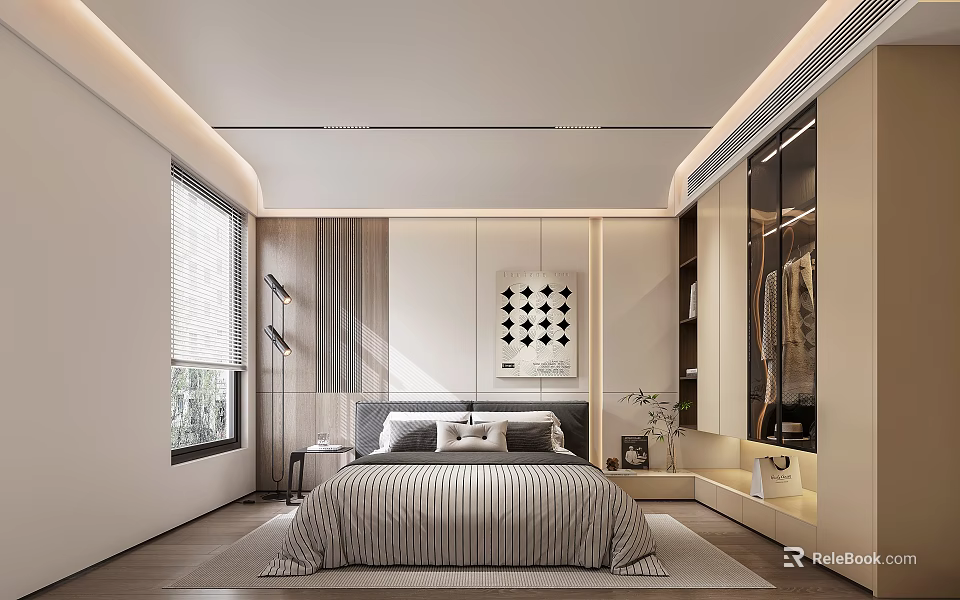 Modern Bedroom Interior With Striped Bedspread Built-in Wardrobe And Geometric Wall Art 3d model 