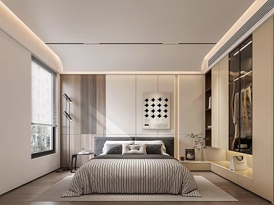 Modern Bedroom Interior With Striped Bedspread Built-in Wardrobe And Geometric Wall Art 3d model