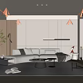 Modern Minimalist Living Room Interior With Light Gray Sofa Round Coffee Table And Fireplace