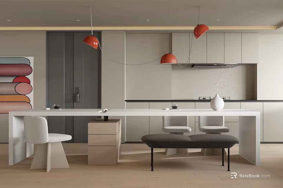 Modern Kitchen Interior With White Countertop Red Pendant Lights White Chairs And Bench 3d model 