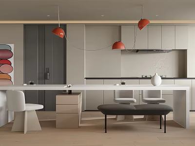 Modern Kitchen Interior With White Countertop Red Pendant Lights White Chairs And Bench 3d model