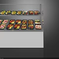 Transparent Commercial Refrigerated Display Cases Filled With Various Fresh Food Items