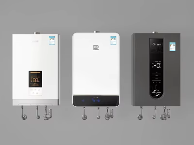 Three Stylish Water Heaters In White Gray And Black With Digital Displays And Knobs 3d model