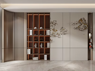 Oriental Style Decorative Cabinet With Lattice Shelves And Traditional Landscape Art 3d model