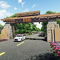 Entrance Gate With Wooden Roof Structure And Stone Pillars Along Green Trees And Flower Beds
