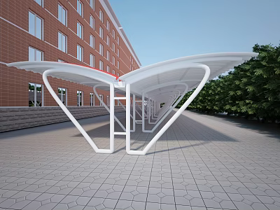 White Modern Outdoor Canopy Structure With Red Brick Building And Green Trees 3d model