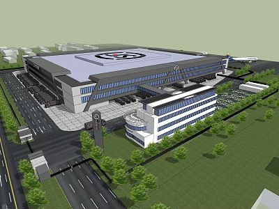 Large Industrial Building With Roof Logo Parking Lot Green Trees And Adjacent Structure 3d model