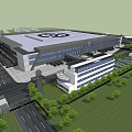 Large Industrial Building With Roof Logo Parking Lot Green Trees And Adjacent Structure