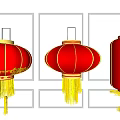 Red Chinese Lanterns With Golden Decorations And Tassels In Different Shapes