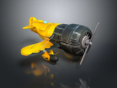 Vintage Yellow and Black Passenger Aircraft Biplane 3D Model with Propeller and Double Wings 3d model