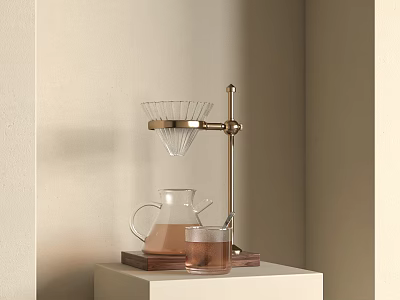 Glass Cup With Brown Liquid Next To Coffee Dripper On Golden Stand Light Colored Countertop 3d model