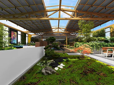 Relaxing Rooftop Garden Design With Wooden Roof Glass Skylights Stone Pathway And Lush Greenery 3d model