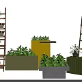 Creative Garden Decor with Multi Tiered Wooden Plant Stands and Colorful Planters Holding Green Plants