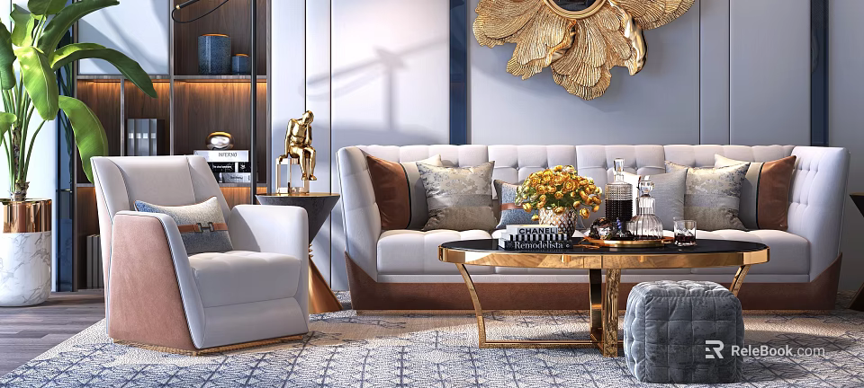 Elegant Luxury Sofa And Coffee Table Set With Decorative Pillows Gold Frame And Area Rug 3d model 
