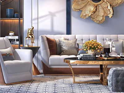 Elegant Luxury Sofa And Coffee Table Set With Decorative Pillows Gold Frame And Area Rug 3d model