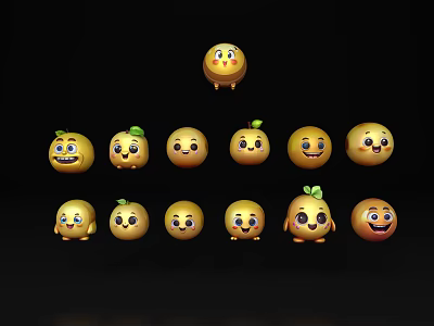 Cute Yellow Lemon Shaped Dolls With Various Facial Expressions On Black Background 3d model