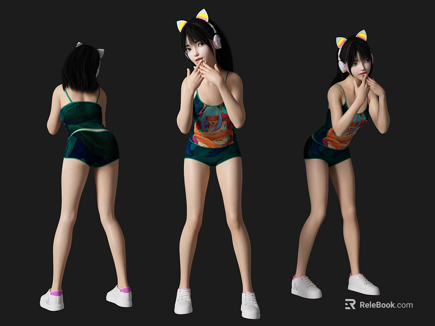 Woman In Green Jumpsuit With Cat Ear Headband From Three Angles On Black Background 3d model 
