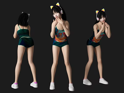 Woman In Green Jumpsuit With Cat Ear Headband From Three Angles On Black Background 3d model