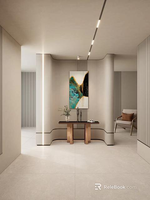 Elegant Modern Entryway Interior Design With Abstract Painting Console Table Potted Plant And Accent Chair 3d model 