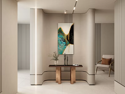 Elegant Modern Entryway Interior Design With Abstract Painting Console Table Potted Plant And Accent Chair 3d model