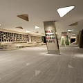 Modern Indoor Lounge With Benches Green Cushions Decorative Ceiling Lights And Columns