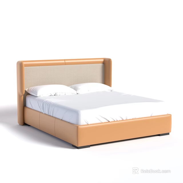 Modern Double Bed With Light Brown Leather And Fabric Upholstered Headboard And White Mattress 3d model 