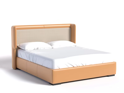 Modern Double Bed With Light Brown Leather And Fabric Upholstered Headboard And White Mattress 3d model