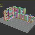 3D Rendered Modular Building Structure With White Frames And Yellow Connectors On Blue Platform