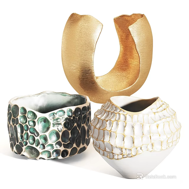 Artistic Ceramic Vessels With Gold Circular Design Green Spotted And White Textured Patterns 3d model 