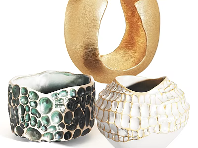 Artistic Ceramic Vessels With Gold Circular Design Green Spotted And White Textured Patterns 3d model