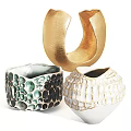 Artistic Ceramic Vessels With Gold Circular Design Green Spotted And White Textured Patterns
